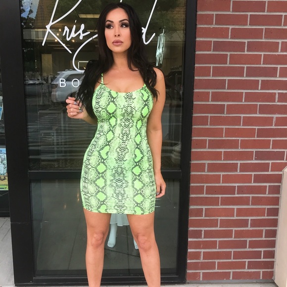 neon green snake print dress